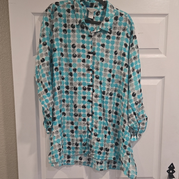 Multiples Women’s Button-Up Tunic Top - Blue Aqua Dot Print - Size 1X (NWT) - Picture 1 of 8